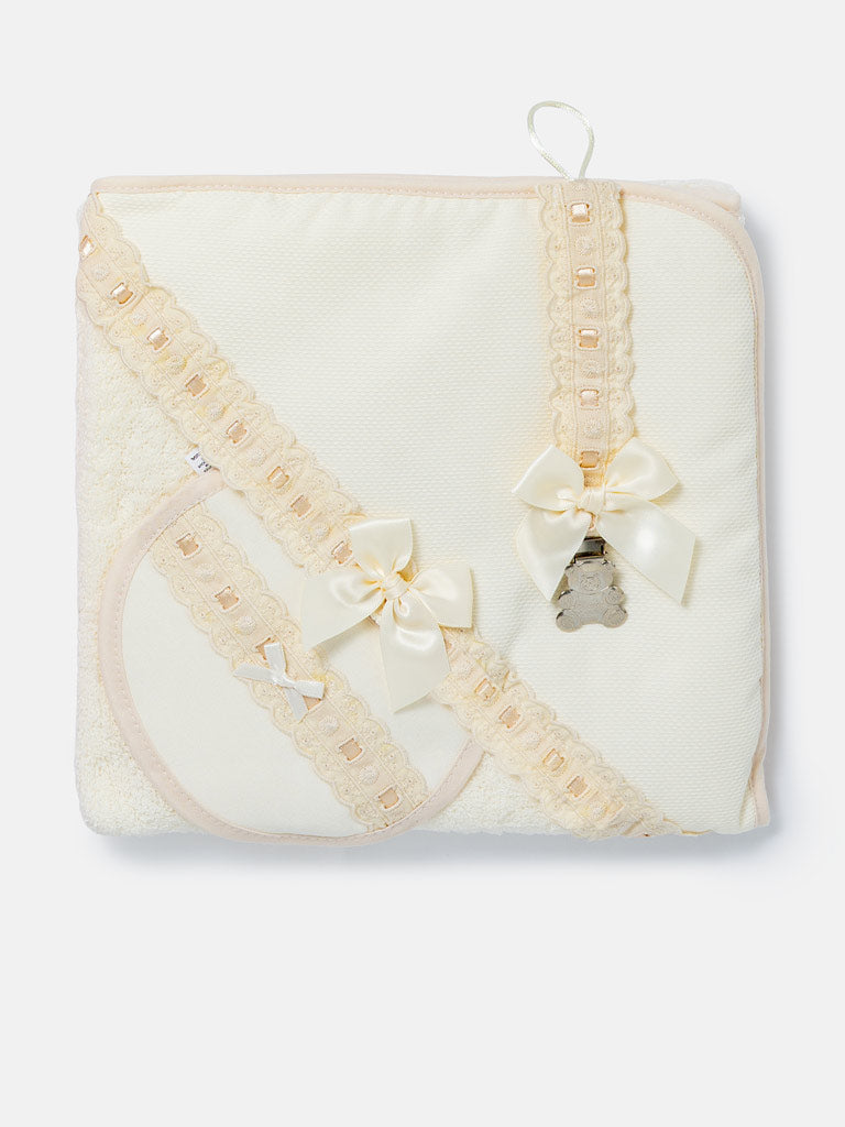 Baby 3-piece Bath Set - Hooded Towel, Bib & Dummy Clip - Beige
