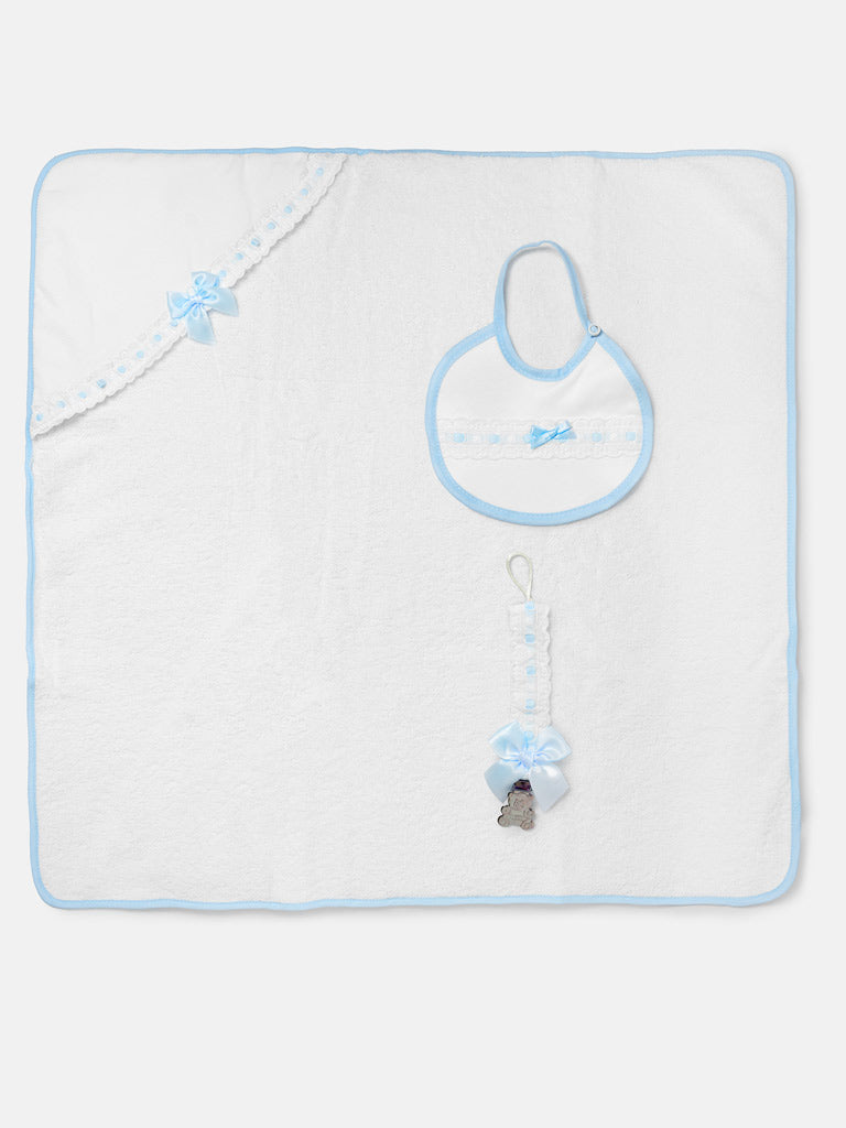 Baby 3-piece Bath Set - Hooded Towel, Bib & Dummy Clip - Baby Blue