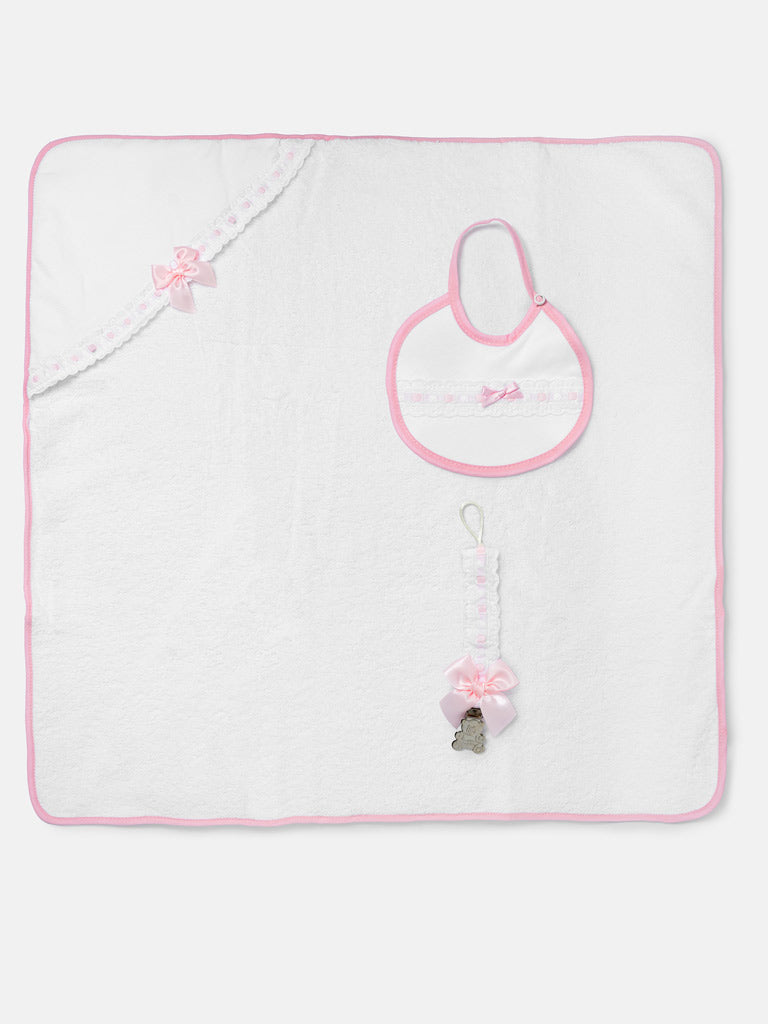 Baby 3-piece Bath Set - Hooded Towel, Bib & Dummy Clip - Baby Pink