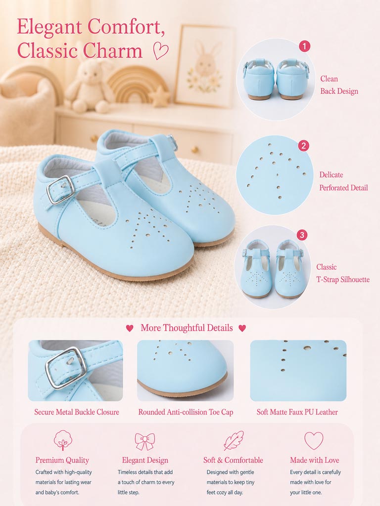 Baby Boy M&B Classic T-Bar Shoes - Baby Blue