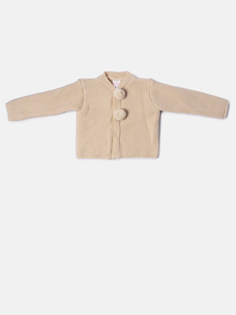 Baby Boy Knitted Cardigan with Pom-Poms - Beige