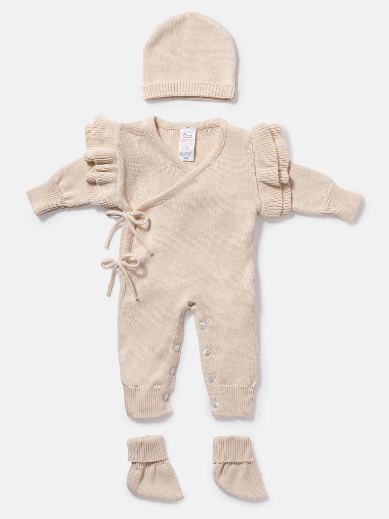 Baby Girl Melissa Collection Knitted 3-Piece Set - Wrap Pramsuit, Hat & Booties - Beige