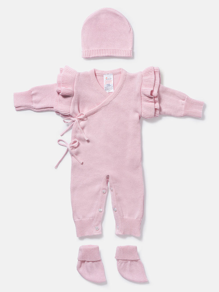 Baby Girl Melissa Collection Knitted 3-Piece Set - Wrap Pramsuit, Hat & Booties - Baby Pink