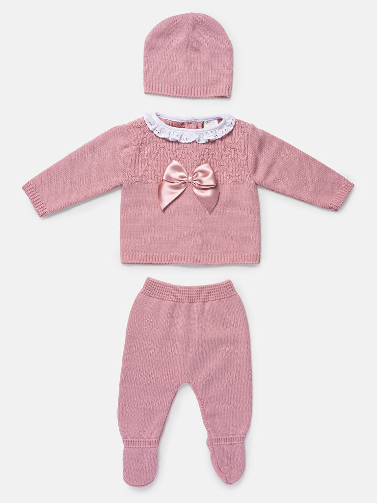 Baby Girl 3-Piece Knitted Pattern Top Gift Box Set - Dusty Pink