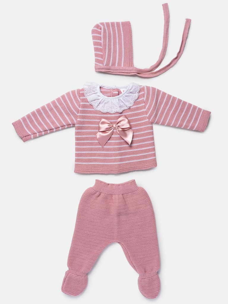 Baby Girl Striped Top 3-Piece Knitted Gift Box Set - Dusty Pink