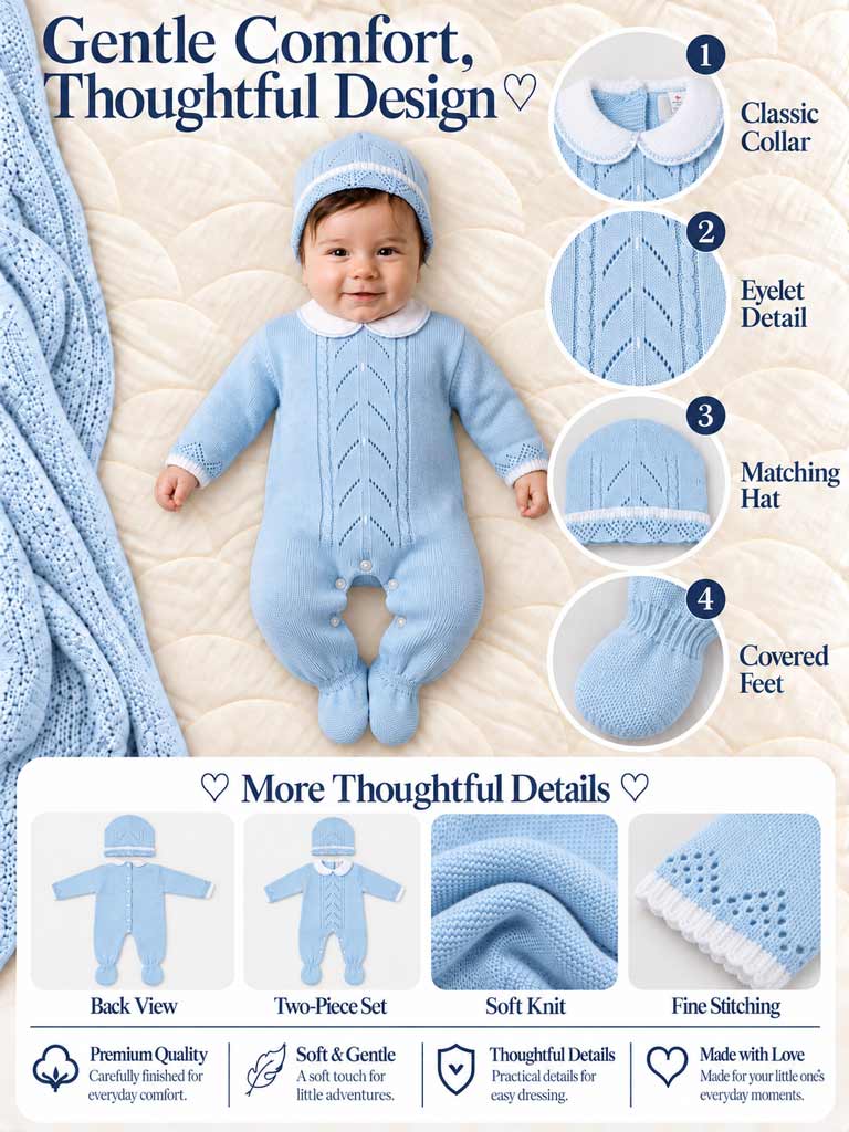Unisex NOA COLLECTION Knitted All-in-One with Hat - Baby Blue