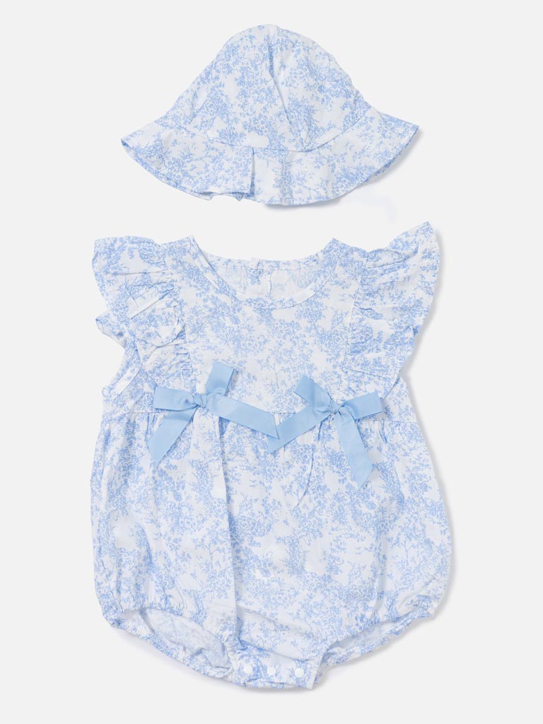 Baby Girl Floral Romper and Hat 2-Piece Summer Set - Baby Blue