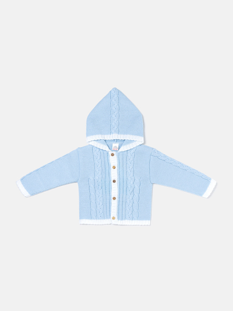 Unisex Hooded Knitted Cardigan with Single-Row Buttons - Baby Blue