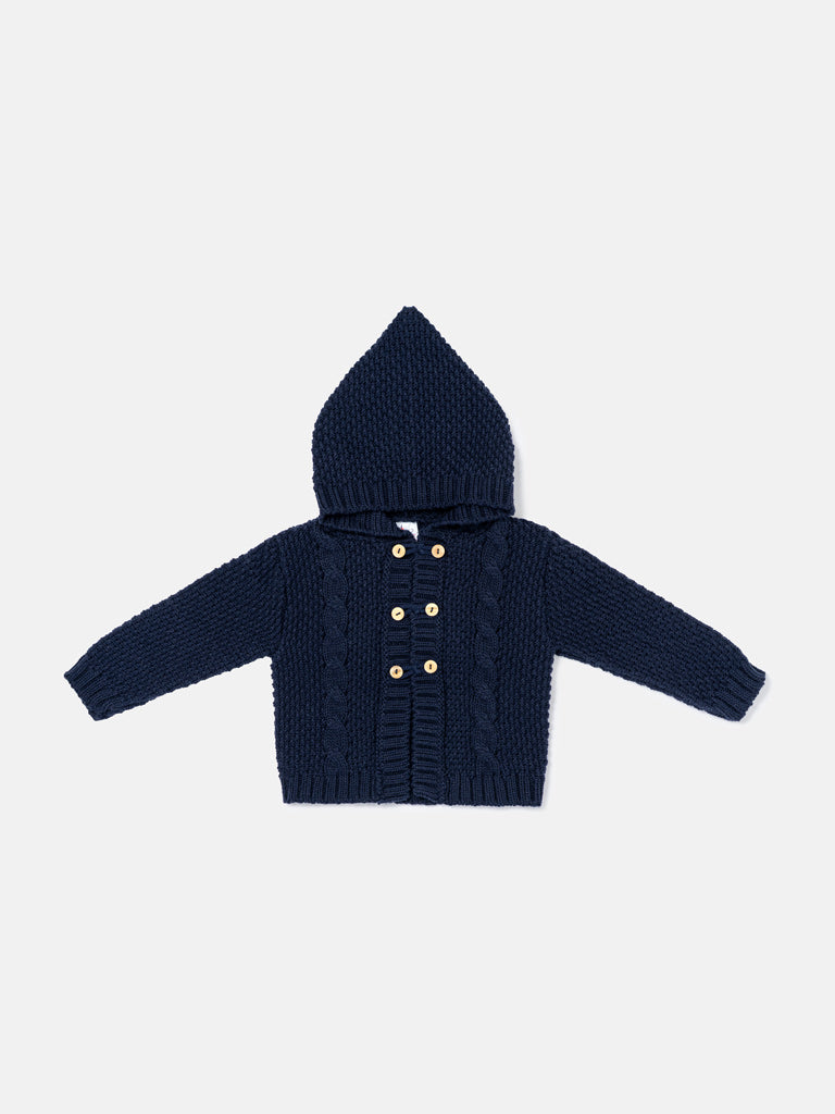 Unisex Hooded Knitted Cardigan with Double-Button Style - Navy Blue