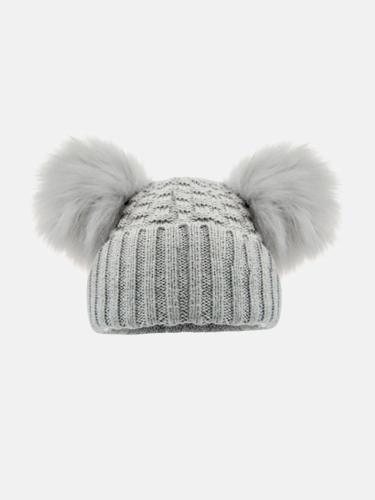 Baby Unisex Deluxe Check Knit Double Pom-pom Hat - Grey