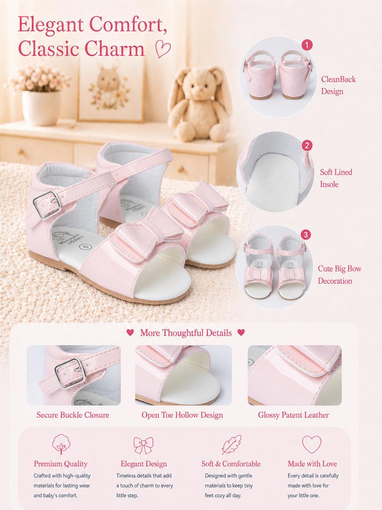 Baby Girl M&B Sandals with Solid Bow - Baby Pink