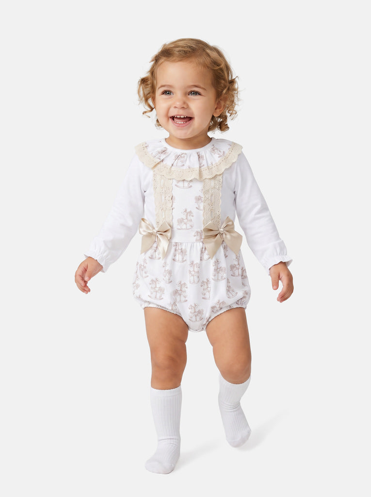 Baby Girl 2-piece Romper Set with Long Sleeves - Rocking Horse Collection - Beige