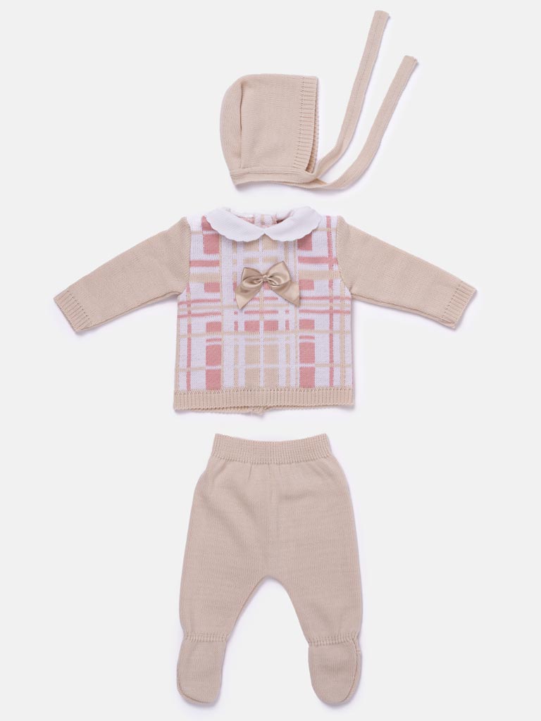 Baby Girl 3-piece Check Knit Gift Box Set - Beige