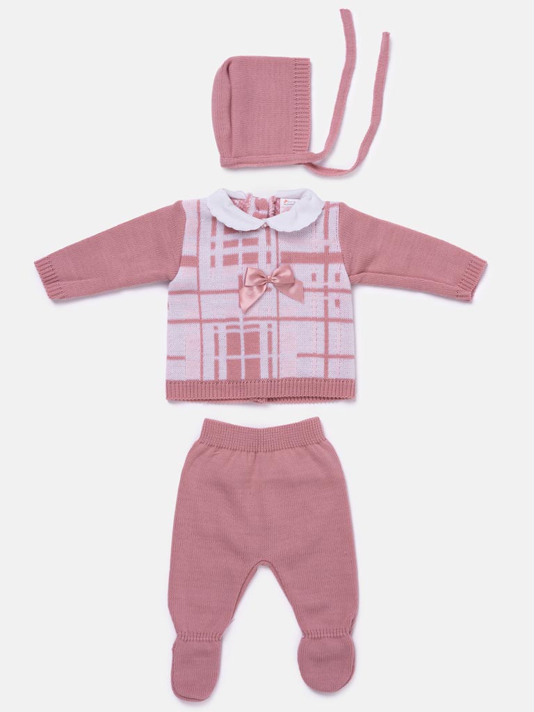 Baby Girl 3-piece Check Knit Gift Box Set - Dusty Pink