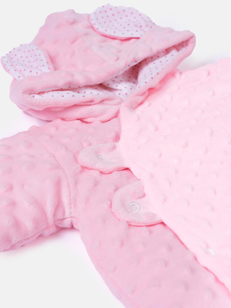 Baby Girl Bunny-Bubble Hood Pramsuit with Booties - Baby Pink