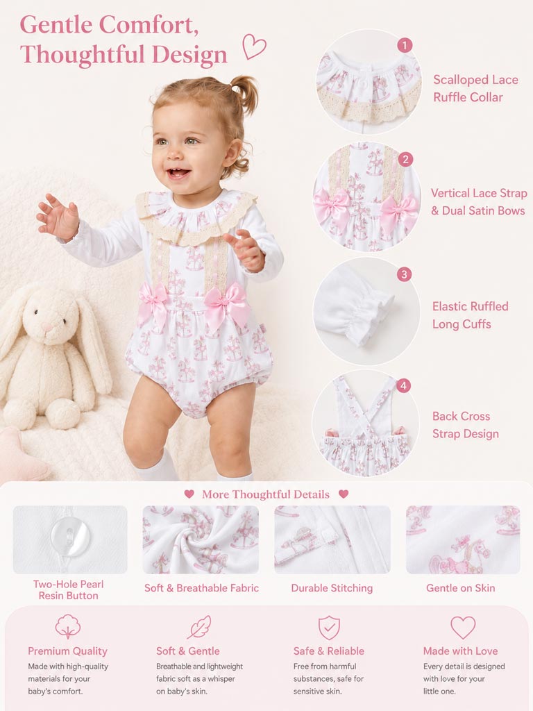 Baby Girl 2-piece Romper Set with Long Sleeves - Rocking Horse Collection - Baby Pink