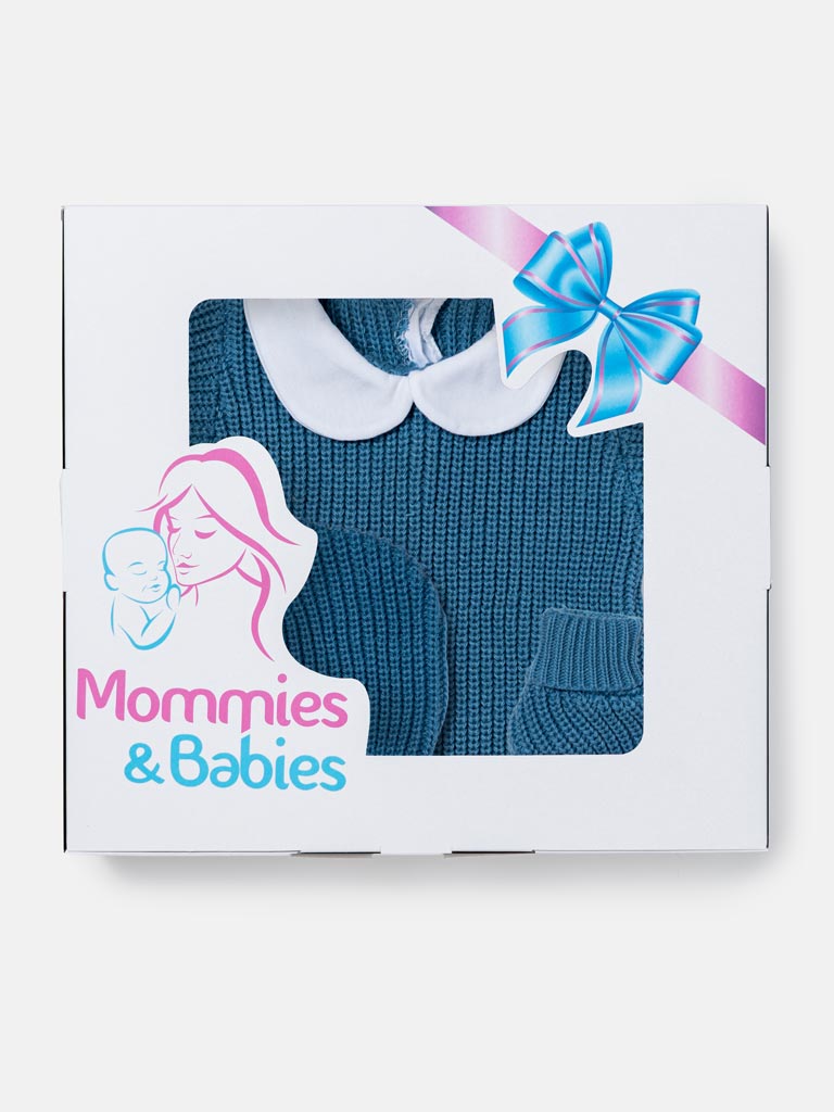 Baby 3-Piece Knitted Set All-In-One with Hat & Booties - Blue