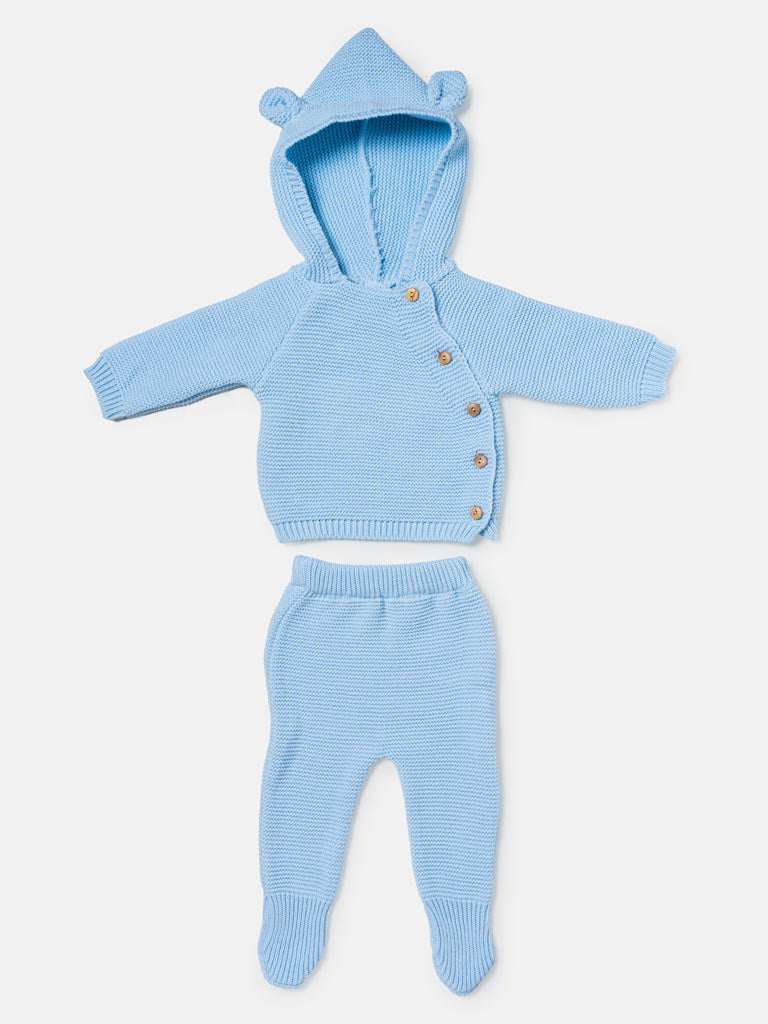 Baby 2-Piece Knitted Set with Hooded Top & Footed Trousers - Baby Blue