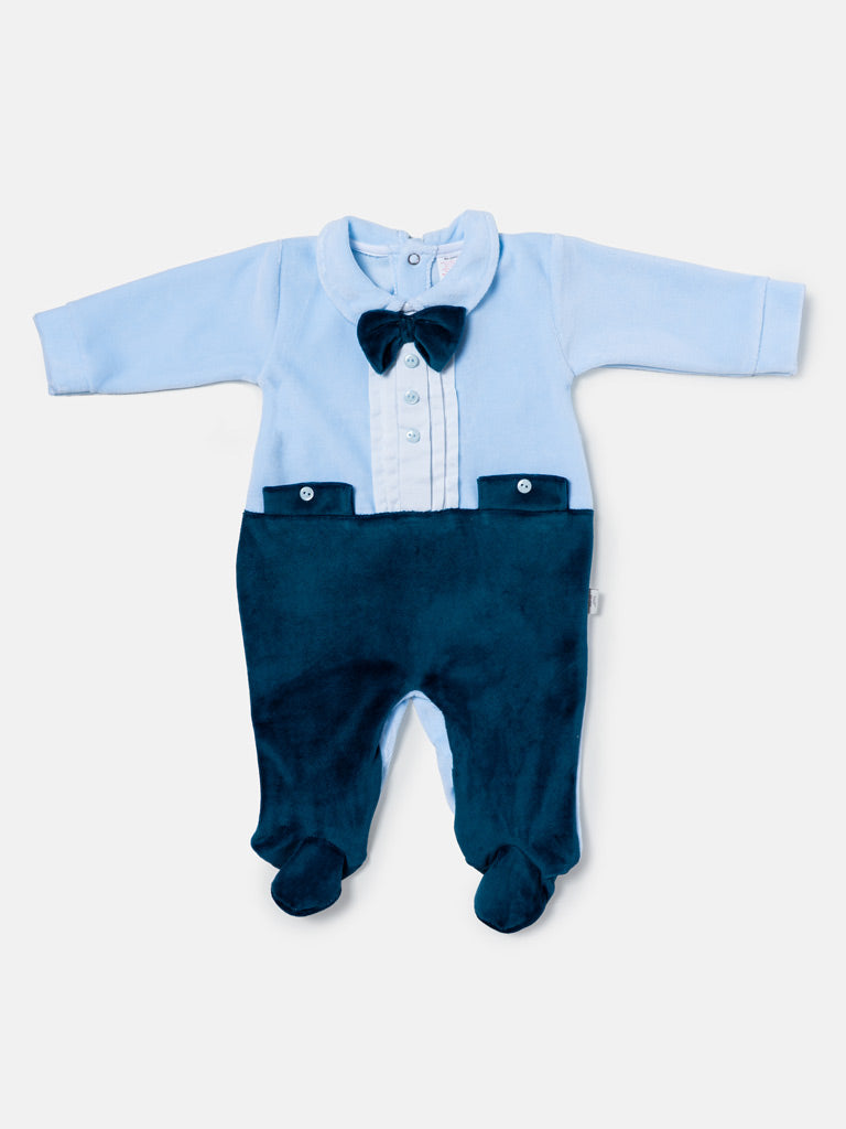 Baby Boy Bow Tie Tuxedo Velour Sleepsuit - Blue & Navy