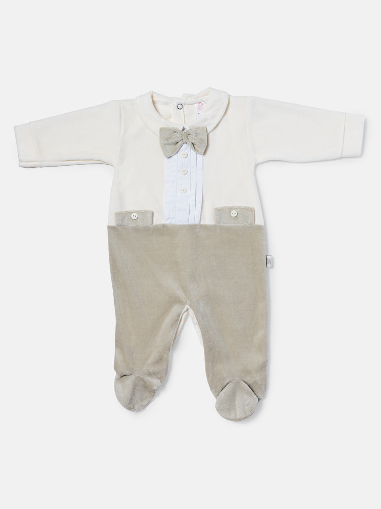 Baby Boy Bow Tie Tuxedo Velour Sleepsuit - Ivory & Grey