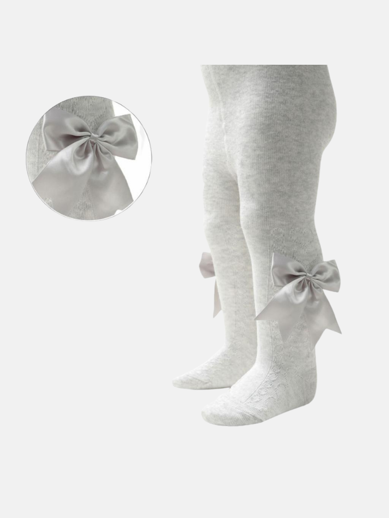 Baby Girl Heart Tights with Satin Bow - Grey