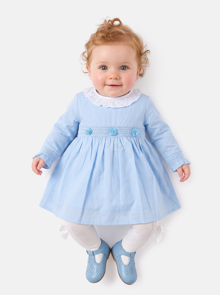 Baby Girl Estela Collection Long Sleeve Smocked Dress - Baby Blue