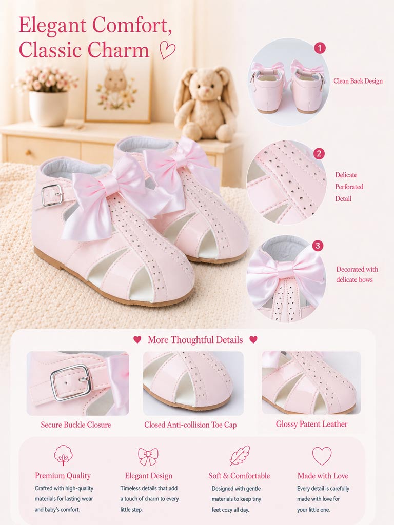 Baby Girl M&B Sandals with Detachable Satin Bow - Baby Pink