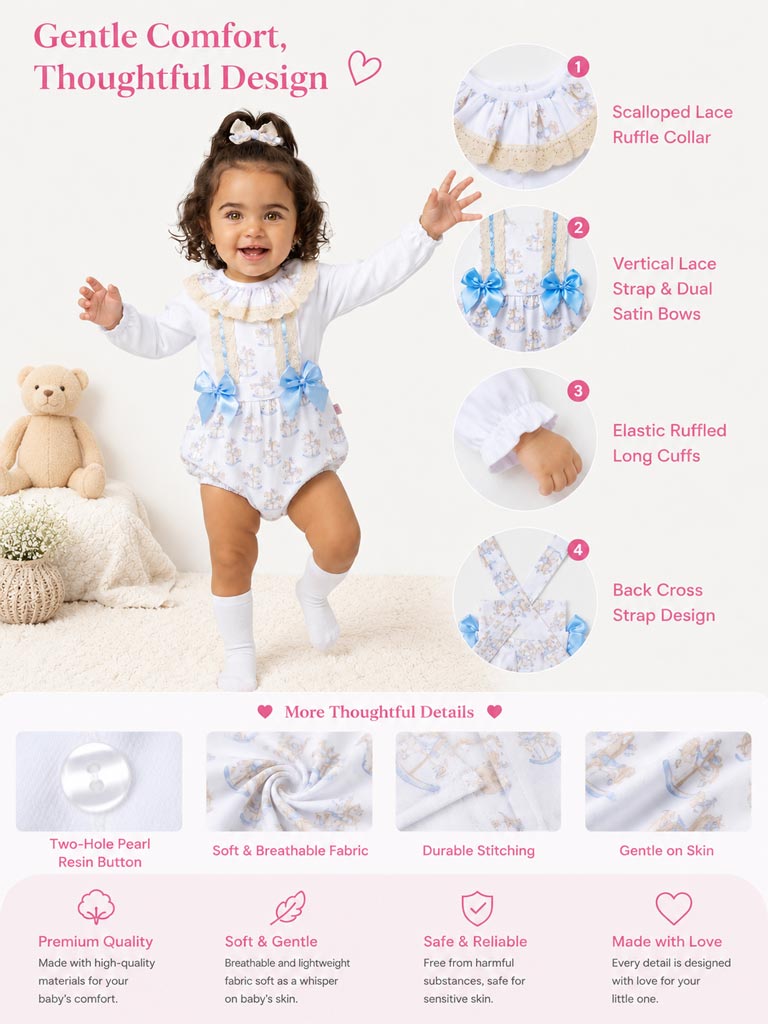 Baby Girl 2-piece Romper Set with Long Sleeves - Rocking Horse Collection - Baby Blue