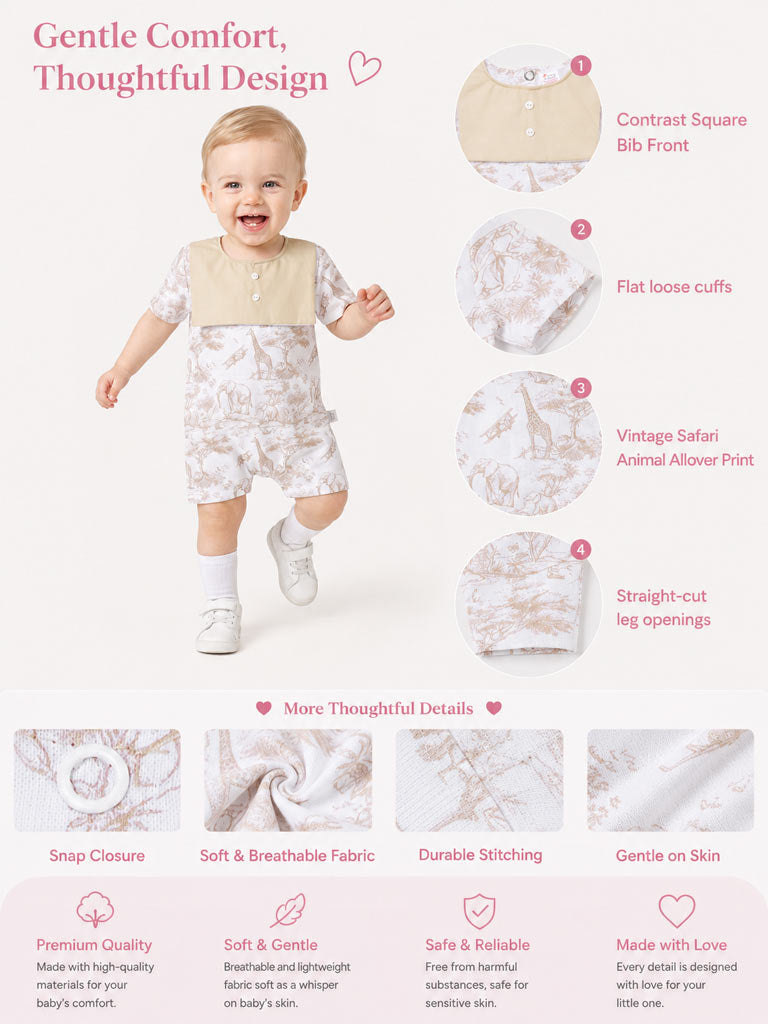Baby Summer Pyjama with Attached Bib - Safari Collection - Beige