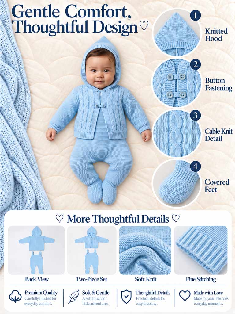 Unisex MAR COLLECTION 2-Piece Knitted Dungaree and Cardigan Set with Double-Button Loops - Baby Blue