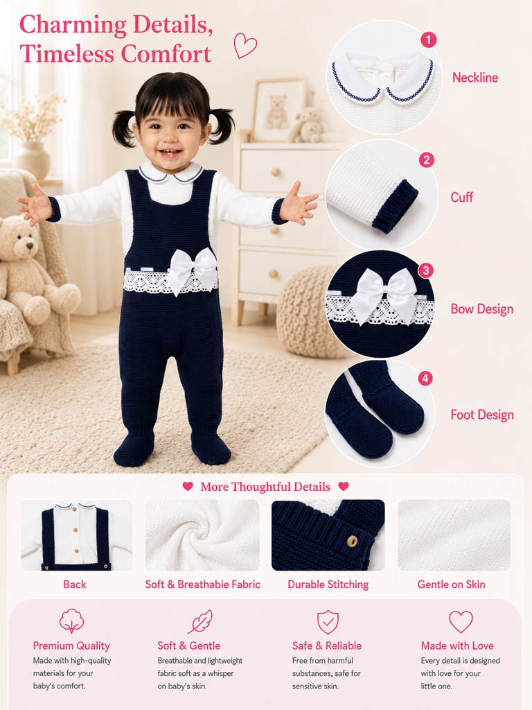 Baby Girl Ximena Collection 2-piece Knitted Dungaree Set - Navy Blue