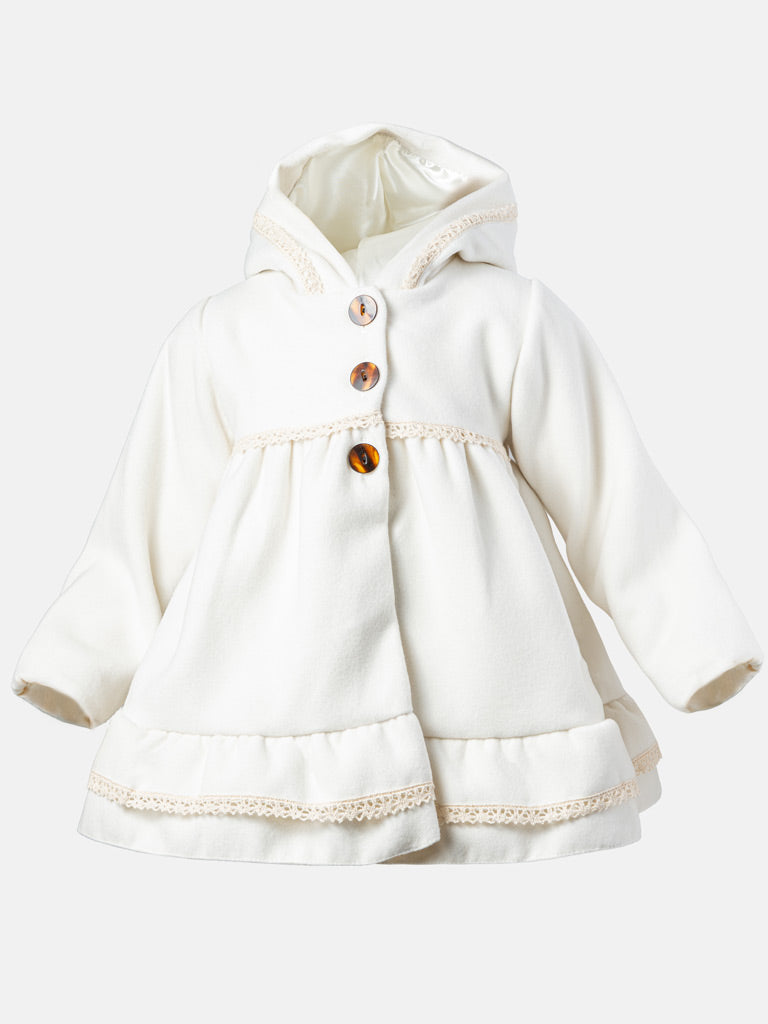 Baby Girl Elegant Spanish Coat with Lace Trim - Ivory