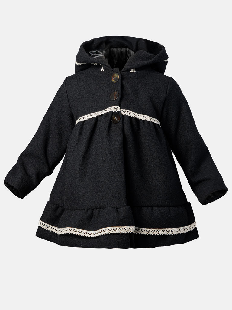 Baby Girl Elegant Spanish Coat with Lace Trim - Black