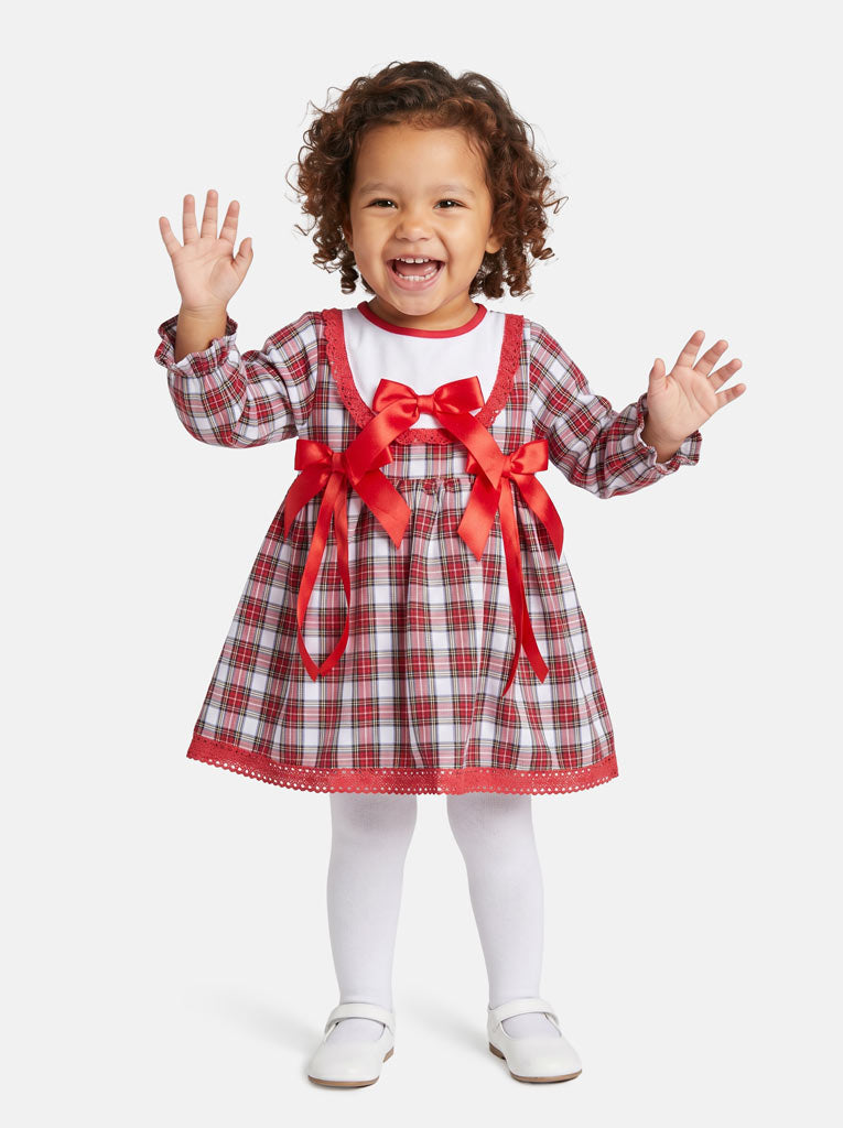 Baby Girl Little Reindeer Collection Tartan Dress with 3 satin bows - Red and White