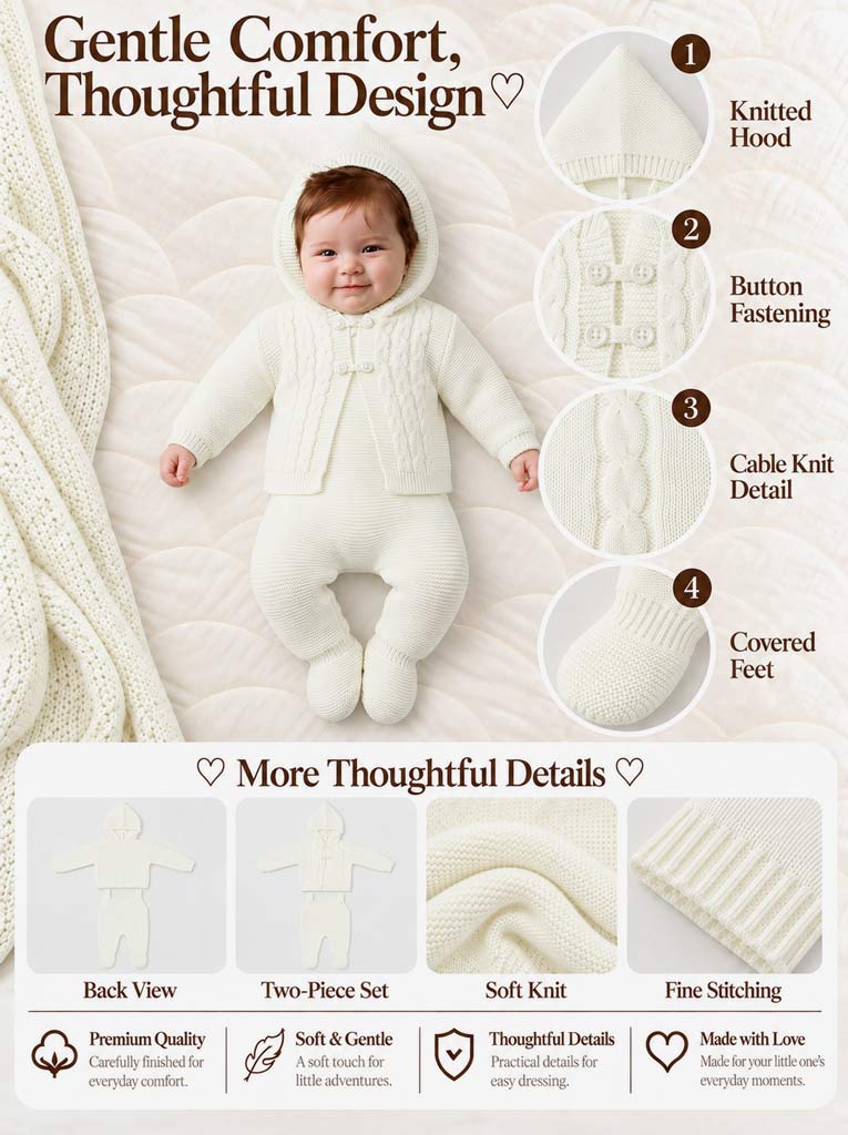 Unisex MAR COLLECTION 2-Piece Knitted Dungaree and Cardigan Set with Double-Button Loops - Ivory