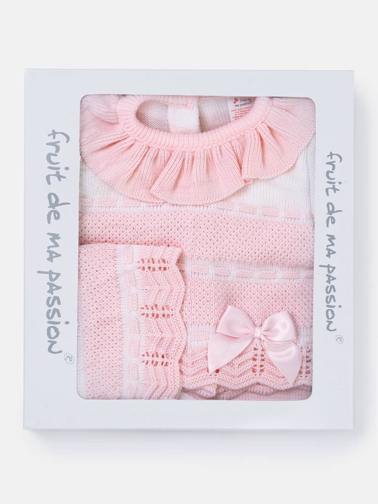 Baby Girl Frilly collar Knitted 3-piece Gift Box Set - Baby Pink