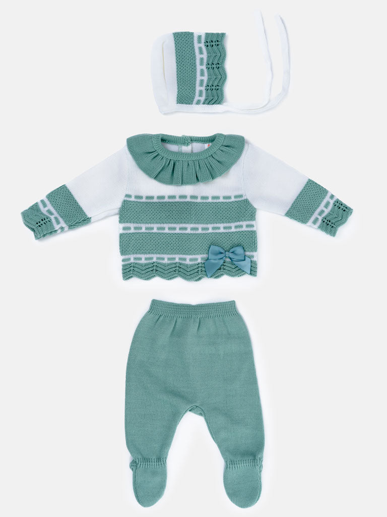 Baby Girl Frilly collar Knitted 3-piece Gift Box Set - Mint Green
