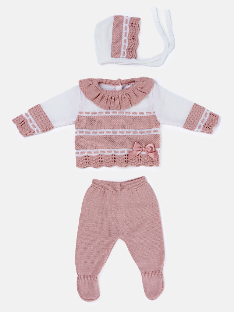 Baby Girl Frilly collar Knitted 3-piece Gift Box Set - Dusty Pink