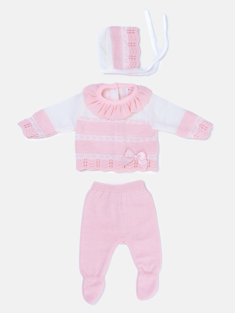 Baby Girl Frilly collar Knitted 3-piece Gift Box Set - Baby Pink