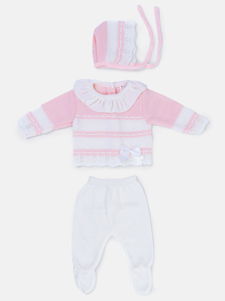 Baby Girl Frilly collar Knitted 3-piece Gift Box Set - White & Pink