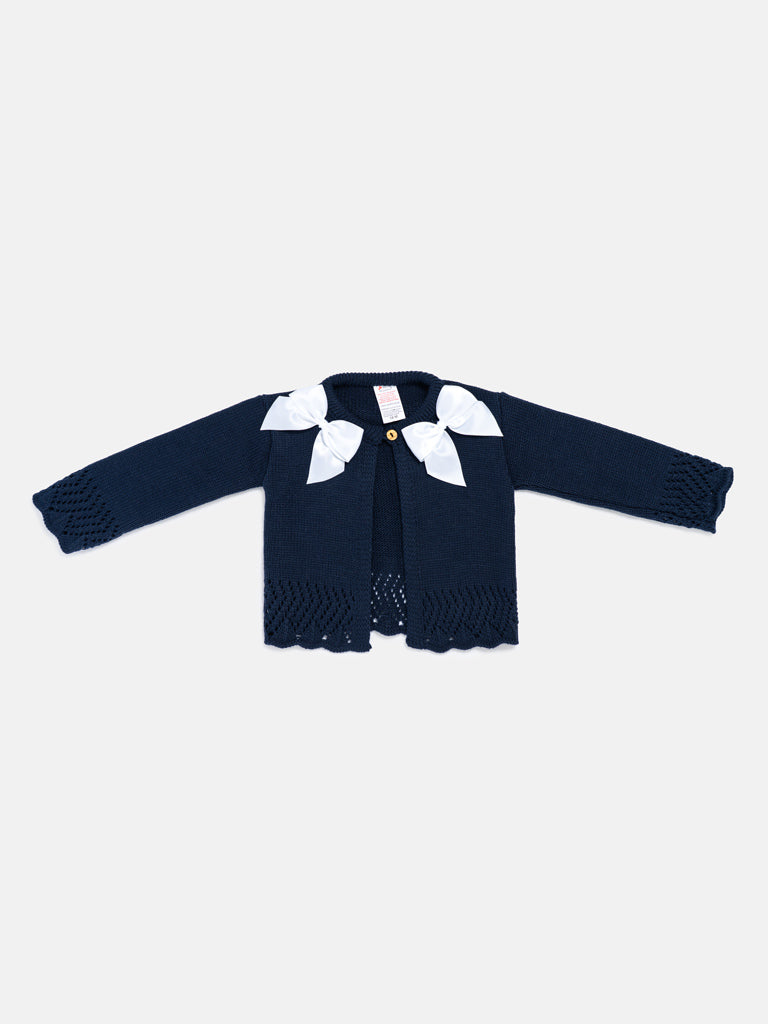 Baby Girl Cardigan with 2 Big Bows - Navy Blue & White Bow