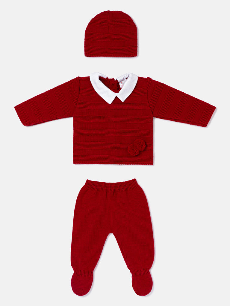 Baby Boy 3-Piece Knitted Gift Box Set with Pom-Pom - Red