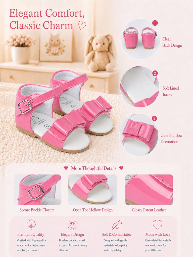 Baby Girl M&B Sandals with Solid Bow - Fuchsia
