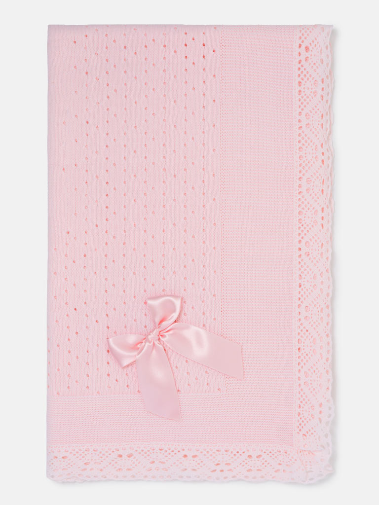 Baby Open Dot Knitted Spanish Blanket with Bow - Baby Pink