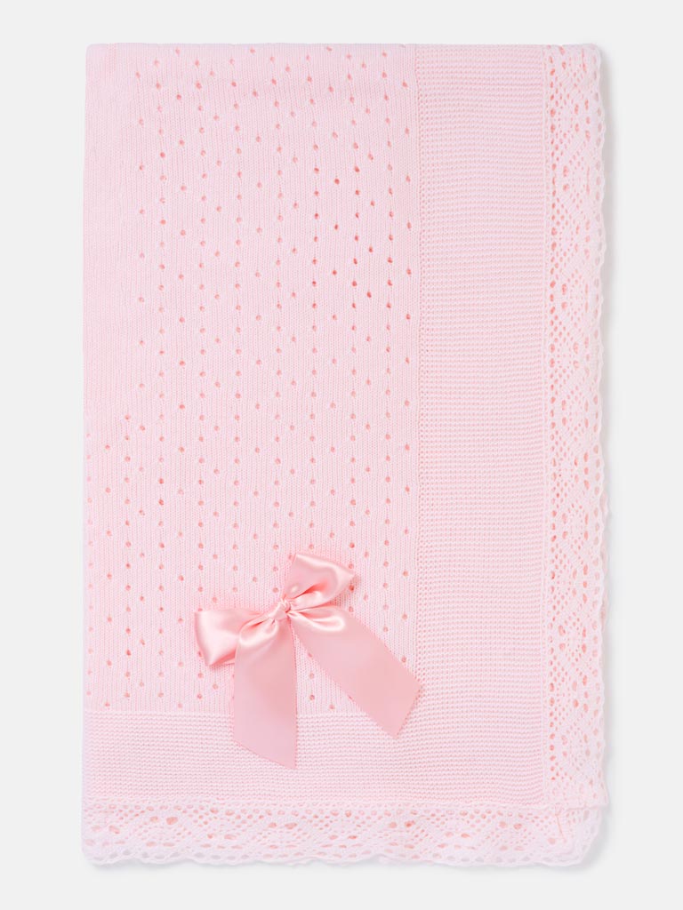 Baby Open Dot Knitted Spanish Blanket with Bow - Baby Pink & Blush Pink Bow
