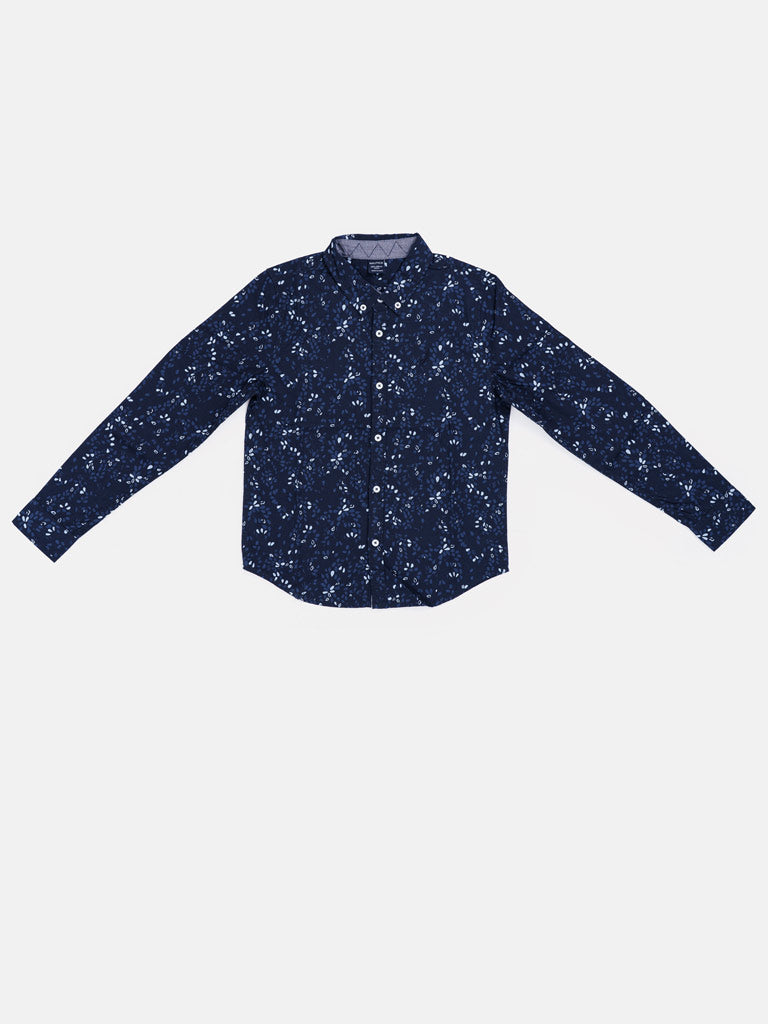 Boys Floral Button-Up Long Sleeve Shirt - Navy Blue