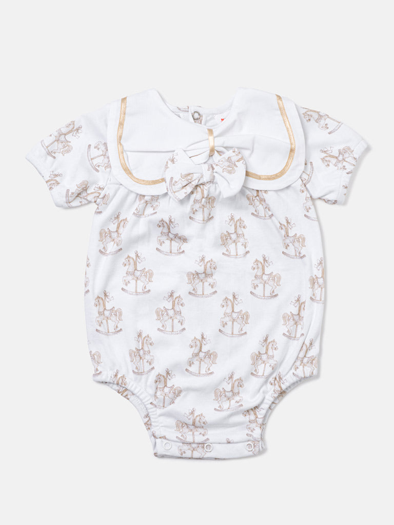 Baby Girl One-Piece Romper with Short Sleeves - Rocking Horse Collection - Beige