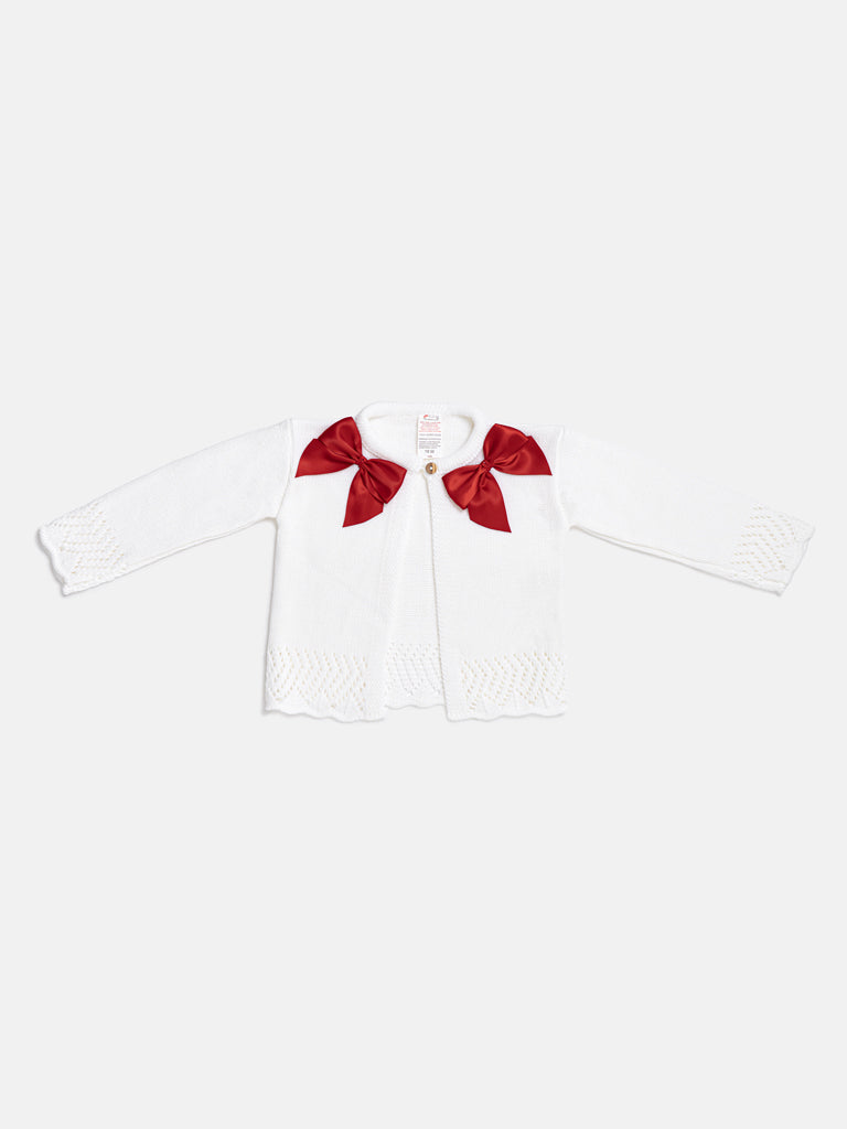 Baby Girl Cardigan with 2 Big Bows - White & Red