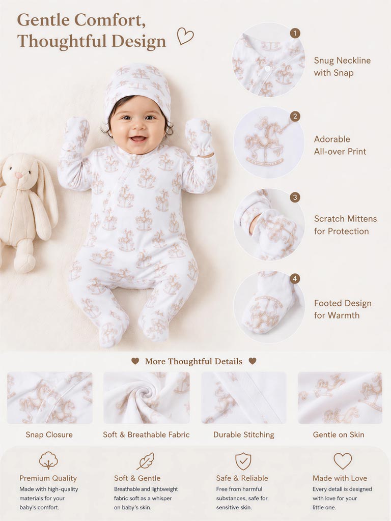 Velour Baby Grow Rocking Horse Collection 3-Piece Set - Beige