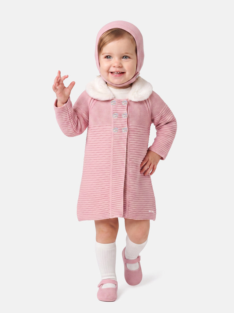 Baby Girl Fur Collar Cardigan Coat and Bonnet Set - Dusty Pink